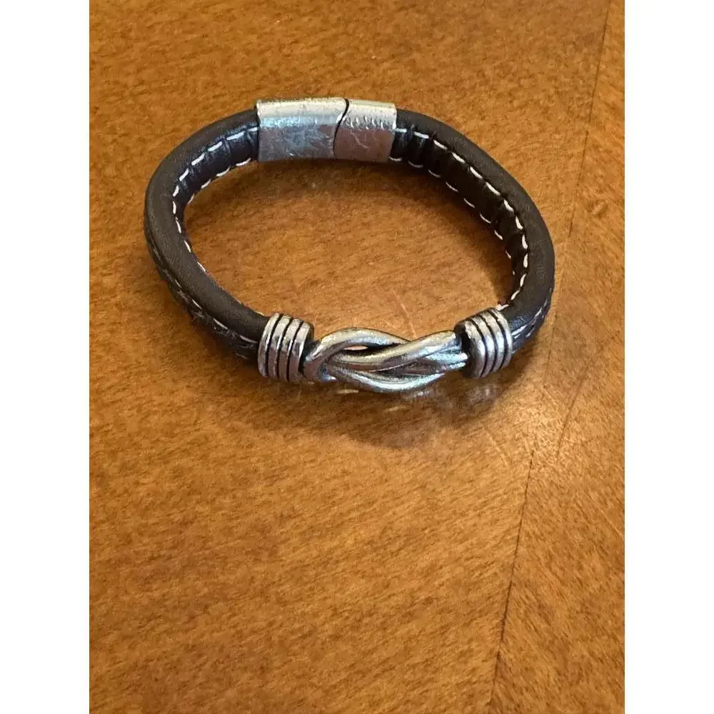Men's Black Leather Bracelet with Silver Tone Knot Accent - Picture 2 of 5